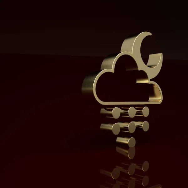 Gold Cloud with rain and moon icon isolated on brown background. Rain cloud precipitation with rain drops. Minimalism concept. 3D render illustration .