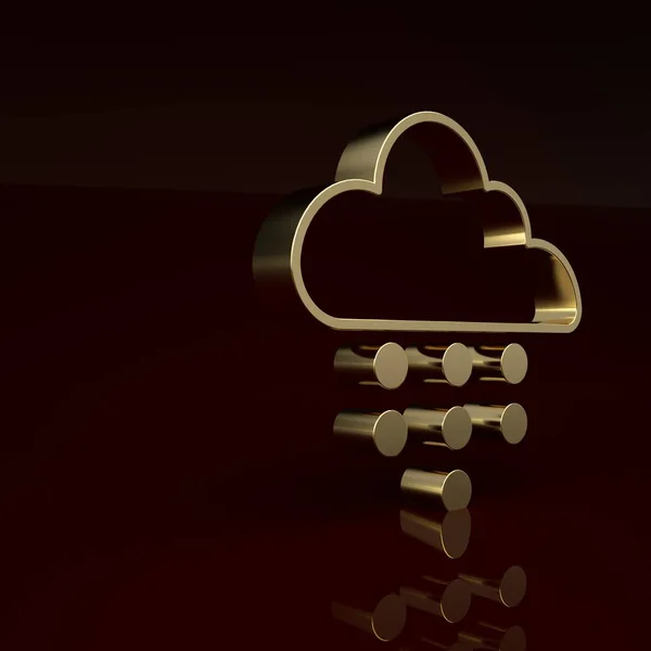 Gold Cloud with rain icon isolated on brown background. Rain cloud precipitation with rain drops. Minimalism concept. 3D render illustration .