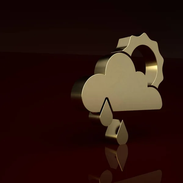 Gold Cloud with rain and sun icon isolated on brown background. Rain cloud precipitation with rain drops. Minimalism concept. 3D render illustration .
