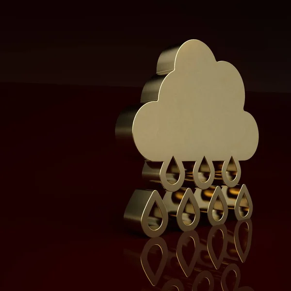 Gold Cloud with rain icon isolated on brown background. Rain cloud precipitation with rain drops. Minimalism concept. 3D render illustration .