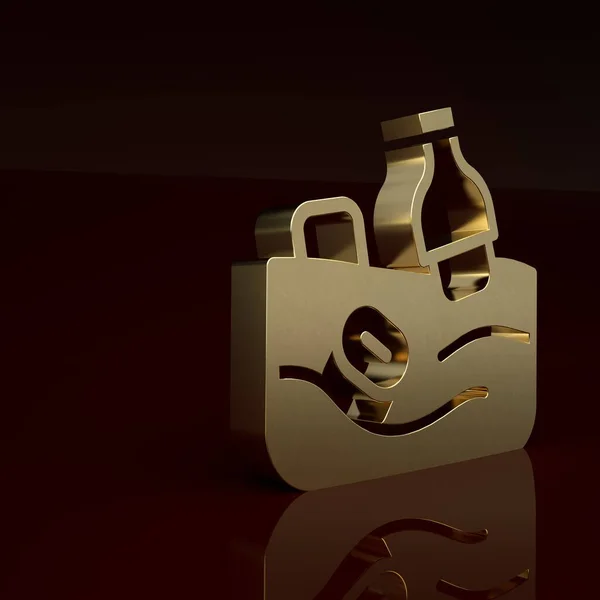 Gold The problem of pollution of the ocean icon isolated on brown background. The garbage, plastic, bags on the sea. Minimalism concept. 3D render illustration .