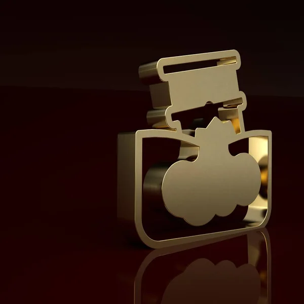 Gold Barrel oil leak icon isolated on brown background. Minimalism concept. 3D render illustration .