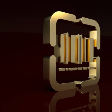 Altın tarayıcı, kahverengi arkaplanda izole edilmiş barkod simgesi tarıyor. Barkod etiketi. Parmaklıklı teslimat için kimlik. Minimalizm kavramı. 3 Boyutlu resimleme .