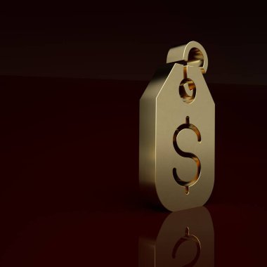Kahverengi arka planda dolar simgesi olan altın fiyatlı etiket. Rozet fiyatına. Dolar sembollü indirim. Reklam etiketi indirimi. Minimalizm kavramı. 3 Boyutlu resimleme .