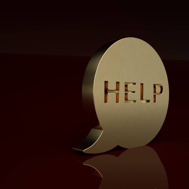 Kahverengi arka planda izole edilmiş metin yardım simgesine sahip altın konuşma balonu. Minimalizm kavramı. 3 Boyutlu resimleme .