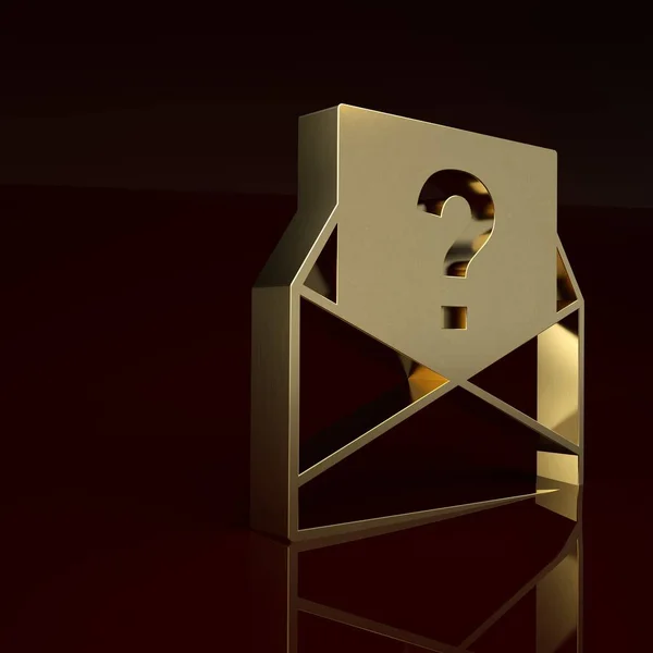Gold Envelope with question mark icon isolated on brown background. Letter with question mark symbol. Send in request by email. Minimalism concept. 3D render illustration .