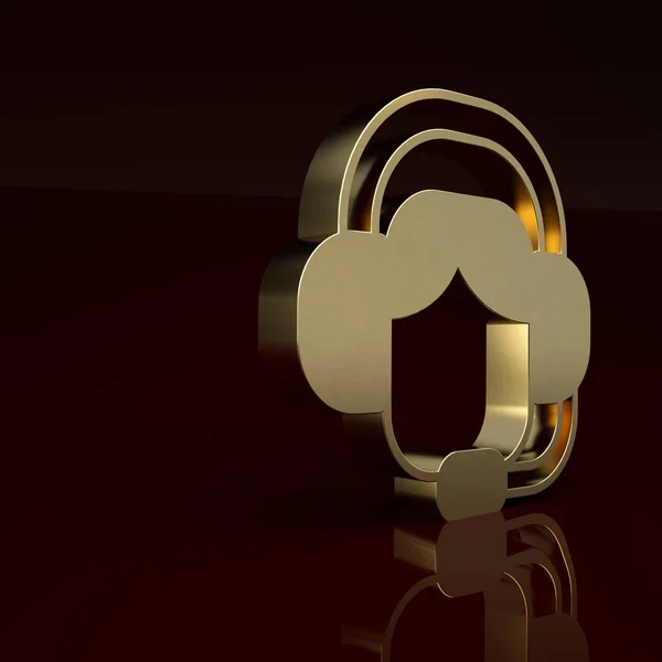 Gold Woman with a headset icon isolated on brown background. Support operator in touch. Concept for call center, client support service. Minimalism concept. 3D render illustration .