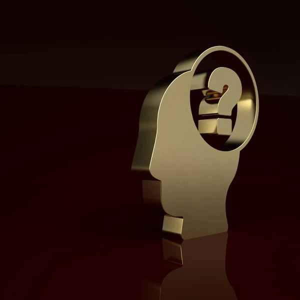 Gold Human head with question mark icon isolated on brown background. Minimalism concept. 3D render illustration .