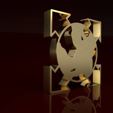 Kahverengi arka planda izole edilmiş pusula simgesine sahip altın dünya küresi. Minimalizm kavramı. 3 Boyutlu resimleme .