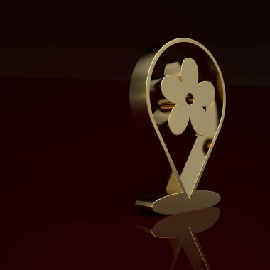 Kahverengi arka planda çiçek ikonu olan altın konum. Minimalizm kavramı. 3 Boyutlu resimleme .