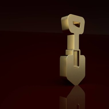 Altın Kürek simgesi kahverengi arkaplanda izole edilmiş. Bahçe aletleri. Bahçecilik, tarım, çiftçilik aleti. Minimalizm kavramı. 3 Boyutlu resimleme .