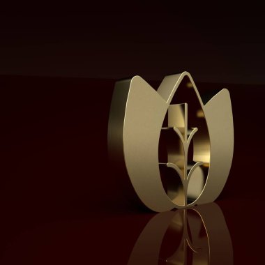 Kahverengi arkaplanda altın yaprak simgesi izole edildi. İşaret bırakıyor. Taze doğal ürün sembolü. Minimalizm kavramı. 3 Boyutlu resimleme .