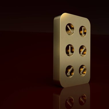 Kahverengi arka planda izole edilmiş su toplayıcı ikonundaki altın haplar. İlaç paketi. Tablet, vitamin, antibiyotik, aspirin. Minimalizm kavramı. 3 Boyutlu resimleme.