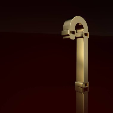 Kahverengi arka planda izole edilmiş altın renkli baston ikonu. Minimalizm kavramı. 3 Boyutlu resimleme.