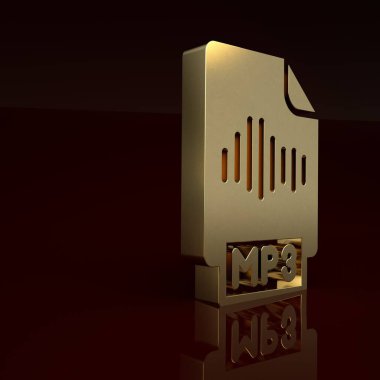 Altın MP3 dosya dökümanı. Kahverengi arkaplanda izole edilmiş mp3 düğmesi simgesi indir. Mp3 müzik format işareti. MP3 dosya sembolü. Minimalizm kavramı. 3 Boyutlu resimleme.