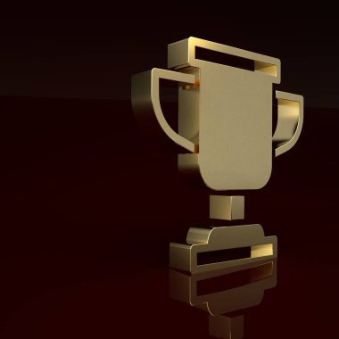 Altın ödüllü kupa simgesi kahverengi arka planda izole edilmiş. Galibiyet ödülü sembolü. Şampiyonluk ya da yarışma kupası. Spor başarısı işareti. Minimalizm kavramı. 3 Boyutlu resimleme.