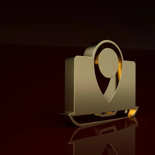 Gold Laptop with location marker icon isolated on brown background. Minimalism concept. 3D render illustration .