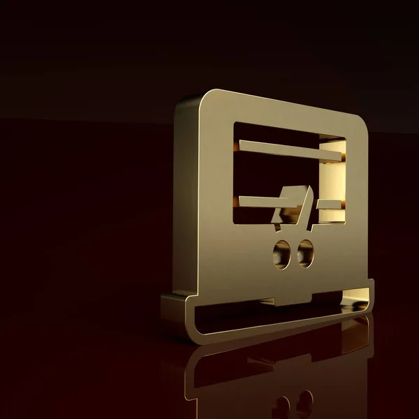 Gold Video recorder or editor software on laptop icon isolated on brown background. Video editing on a laptop. Minimalism concept. 3D render illustration.
