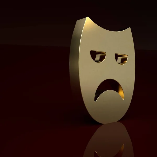 Gold Drama theatrical mask icon isolated on brown background. Minimalism concept. 3D render illustration.