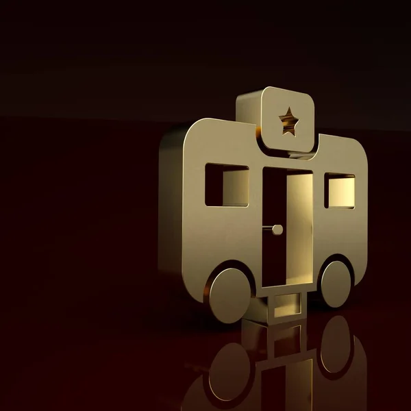 Gold Machine trailer dressing room for actors icon isolated on brown background. Movie crew rest room. Star sleeping place. Film vehicle. Minimalism concept. 3D render illustration.