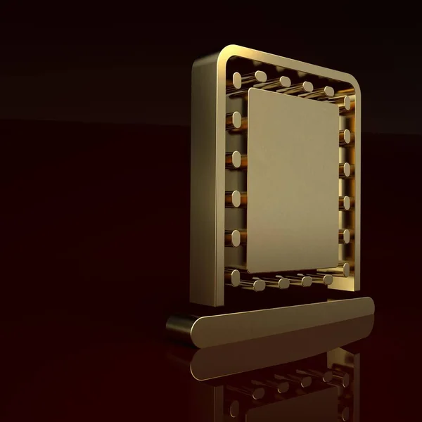 Gold Makeup mirror with lights icon isolated on brown background. Minimalism concept. 3D render illustration.