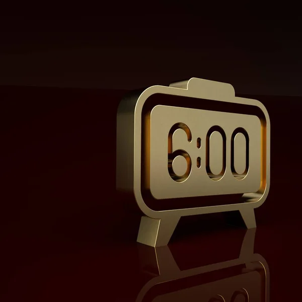 Gold Digital alarm clock icon isolated on brown background. Electronic watch alarm clock. Time icon. Minimalism concept. 3D render illustration.