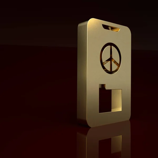 Gold Peace icon isolated on brown background. Hippie symbol of peace. Minimalism concept. 3D render illustration.