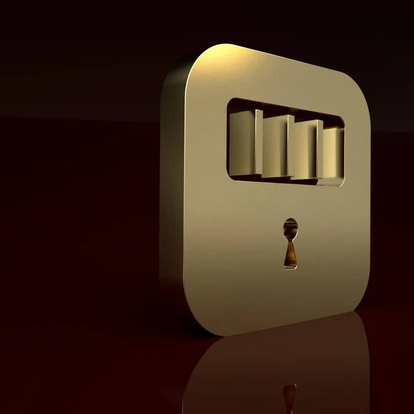 Gold Prison cell door with grill window icon isolated on brown background. Minimalism concept. 3D render illustration.