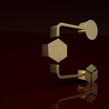 Kahverengi arkaplanda izole edilmiş altın rengi Isometric küp simgesi. Geometrik küp katı simge. 3 boyutlu kare işareti. Kutu sembolü. Minimalizm kavramı. 3 Boyutlu resimleme.