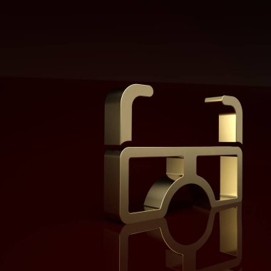 Altın Gözlük simgesi kahverengi arkaplanda izole edilmiş. Gözlük çerçevesi sembolü. Minimalizm kavramı. 3 Boyutlu resimleme.