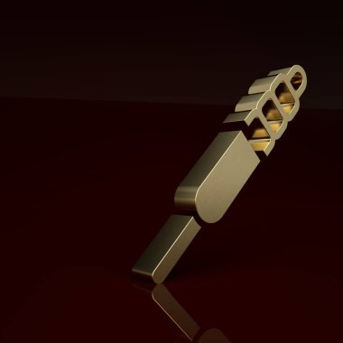 Kahverengi arkaplanda altın sesli kriko simgesi izole edildi. Bağlantı ses ekipmanları için ses kablosu. Fiş kablosu. Müzik aleti. Minimalizm kavramı. 3 Boyutlu resimleme.