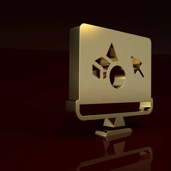 Gold 3D printer software icon isolated on brown background. 3d printing. Minimalism concept. 3D render illustration.