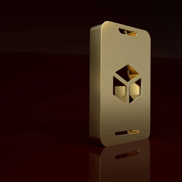 Gold 3D printer software icon isolated on brown background. 3d printing. Minimalism concept. 3D render illustration.