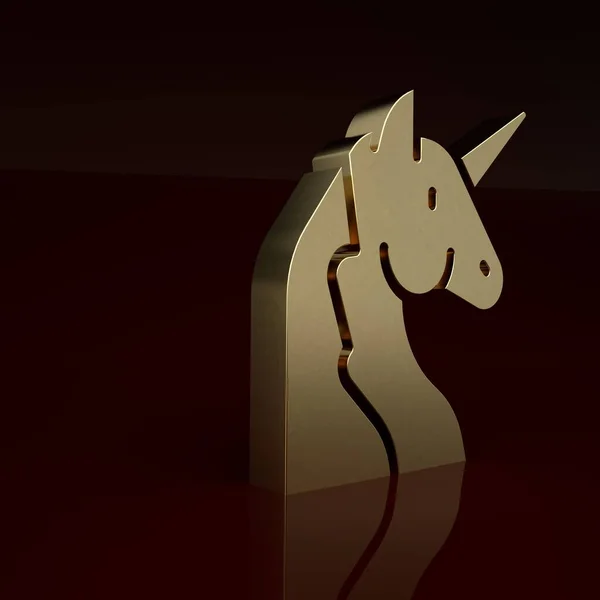 Gold Unicorn icon isolated on brown background. Minimalism concept. 3D render illustration.