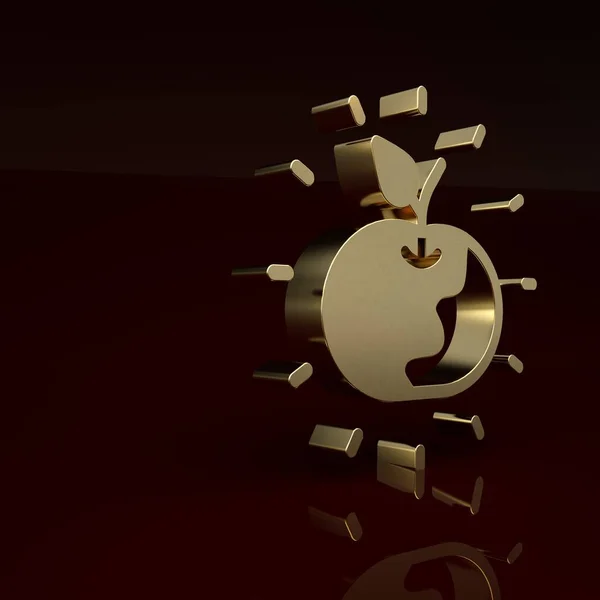 Gold Poison apple icon isolated on brown background. Poisoned witch apple. Minimalism concept. 3D render illustration.