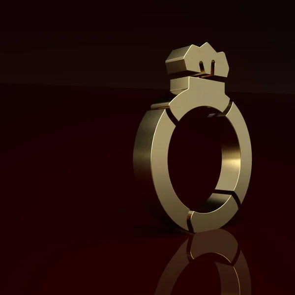 Gold Fantasy magic stone ring with gem icon isolated on brown background. Minimalism concept. 3D render illustration.