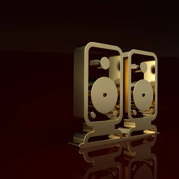 Gold Stereo speaker icon isolated on brown background. Sound system speakers. Music icon. Musical column speaker bass equipment. Minimalism concept. 3D render illustration.