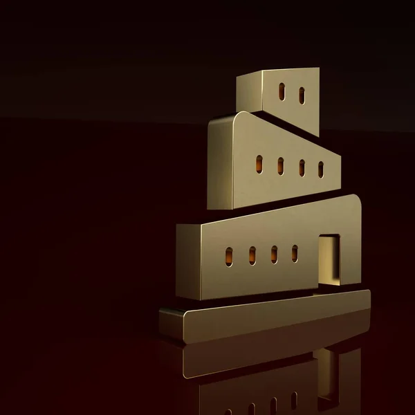 Gold Babel tower bible story icon isolated on brown background. Minimalism concept. 3D render illustration.