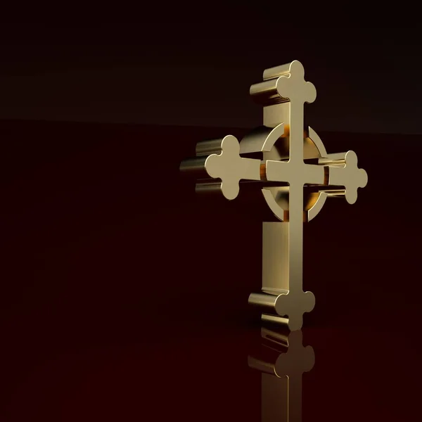 Gold Christian cross icon isolated on brown background. Church cross. Minimalism concept. 3D render illustration.