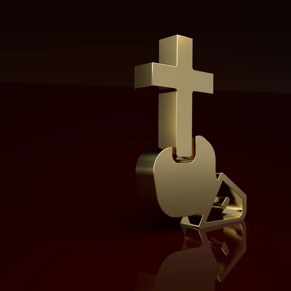 Gold Christian cross icon isolated on brown background. Church cross. Minimalism concept. 3D render illustration.
