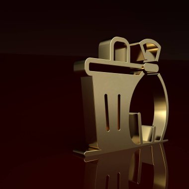 Kahverengi arka planda izole edilmiş altın çöp kutusu simgesi. Çöp kutusu tabelası. Sepet simgesini geri dönüştür. Ofis çöpü ikonu. Minimalizm kavramı. 3 Boyutlu resimleme.