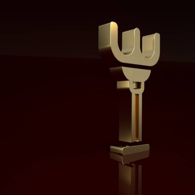 Altın Tırmık oyuncak simgesi kahverengi arka planda izole edildi. Çocuklar plaj oyunları için oyuncak. Minimalizm kavramı. 3 Boyutlu resimleme.