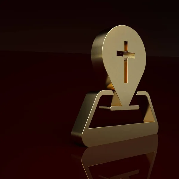 Gold Map pin church building icon isolated on brown background. Christian Church. Religion of church. Minimalism concept. 3D render illustration.