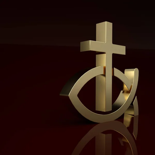 Gold Christian fish symbol icon isolated on brown background. Jesus fish symbol. Minimalism concept. 3D render illustration.
