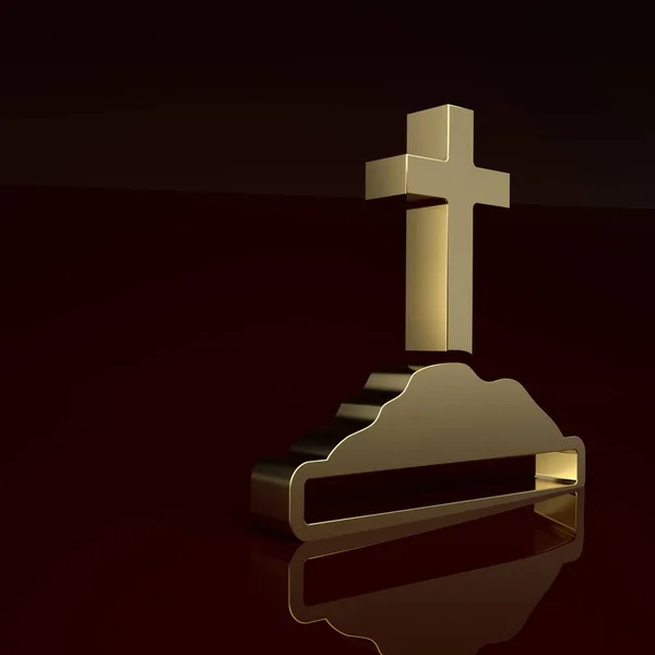 Gold Grave with cross icon isolated on brown background. Minimalism concept. 3D render illustration.
