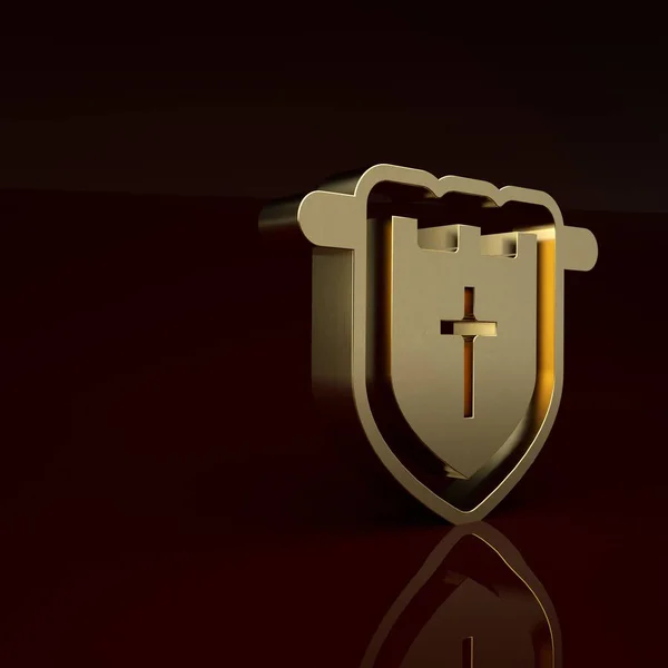 Gold Flag with christian cross icon isolated on brown background. Minimalism concept. 3D render illustration.