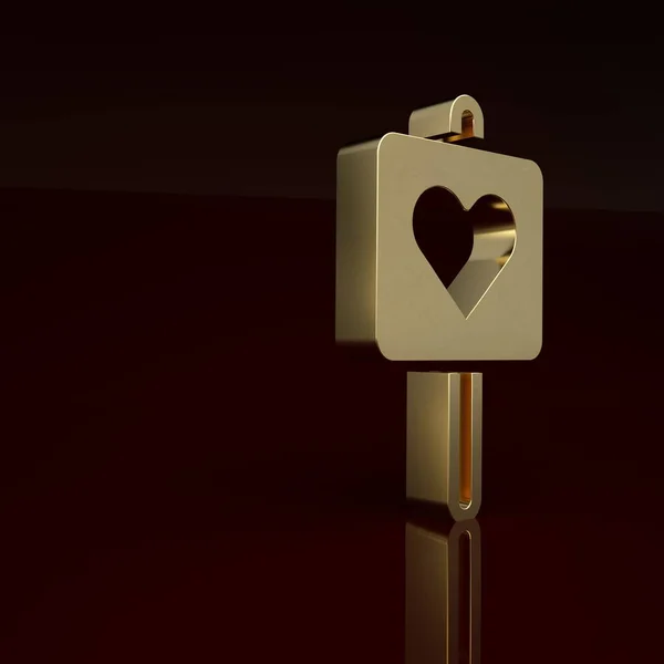 Gold Map pointer with heart icon isolated on brown background. Valentines day. Love location. Romantic map pin. Minimalism concept. 3D render illustration.
