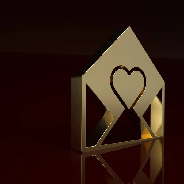 Gold Envelope with Valentine heart icon isolated on brown background. Message love. Letter love and romance. Minimalism concept. 3D render illustration.