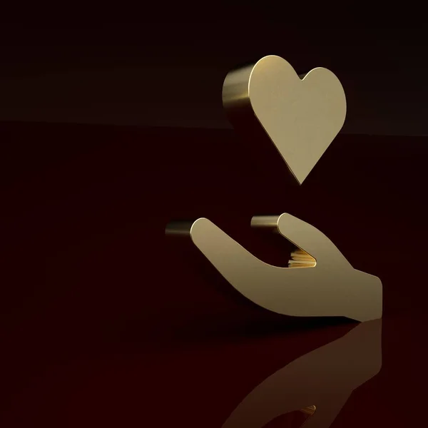 Gold Heart in hand icon isolated on brown background. Hand giving love symbol. Valentines day symbol. Minimalism concept. 3D render illustration.