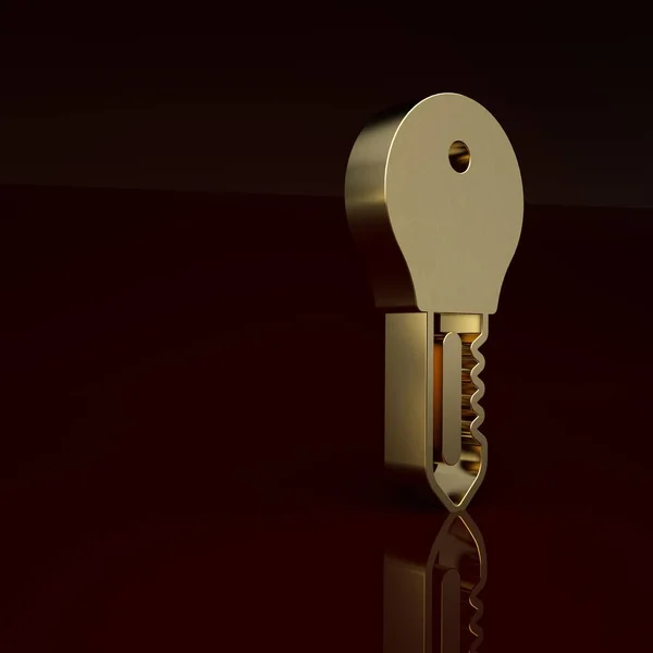 Gold Hotel door lock key icon isolated on brown background. Minimalism concept. 3D render illustration.